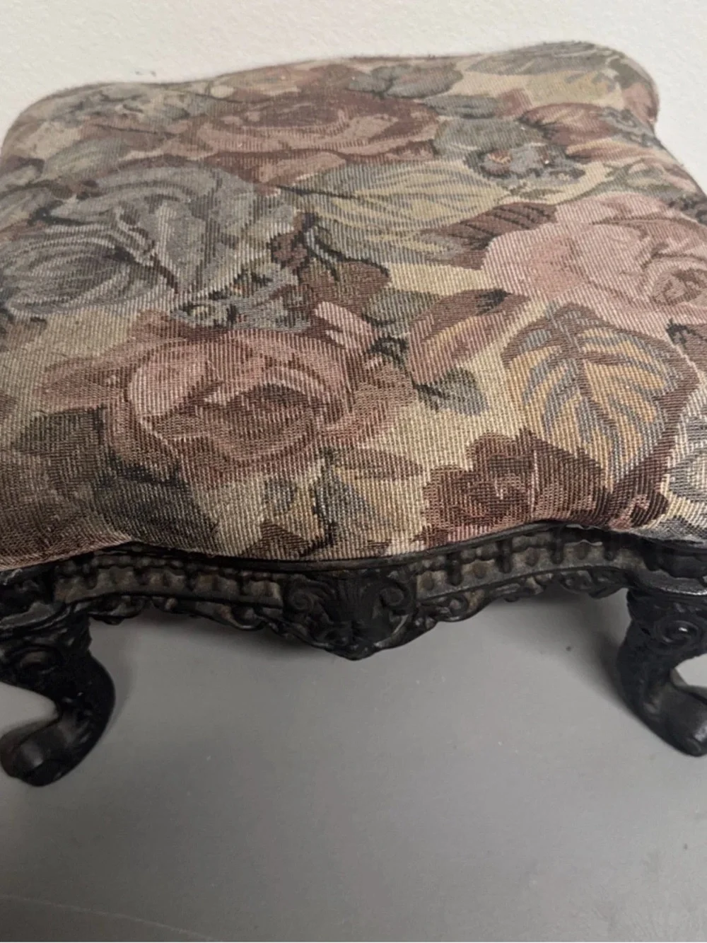 Vintage Cast Iron Footstool With Floral Print Upholstery Ornate Claw Leg 13x13